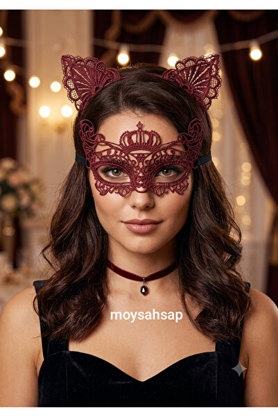 moysahsap party&ahşap Red and Black Double-Sided Lace Mask and Cat Crown Set