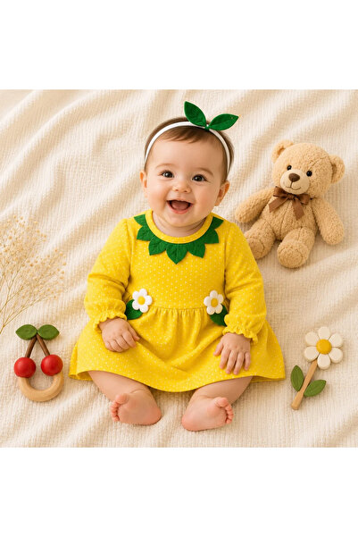 BEBELON TAÇ HEDİYELİ ÇİÇEK DETAYLI BEBEK ELBİSE