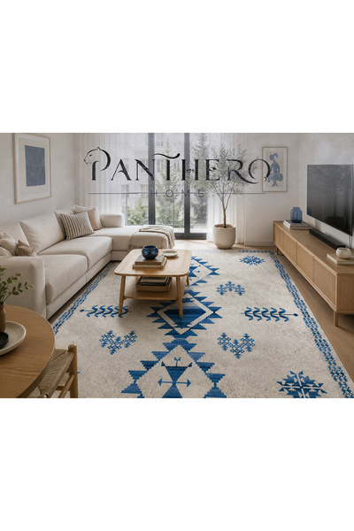 Panthero Home Mavi Gri Etnik Kilim Desenli Kaymaz Taban Süngerli Yıkanabilir ...