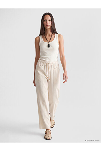 LC Waikiki Vizyon New Season Beige Elastic Waist Linen Blend Women's Trousers