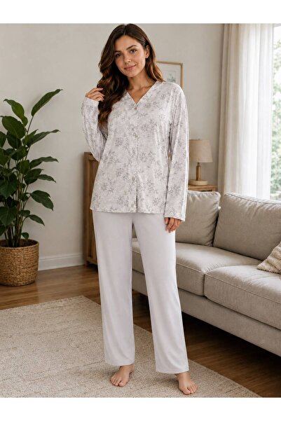 İpek Women's Long Sleeve Front Buttoned Floral Pattern 100% Cotton Pajama Set