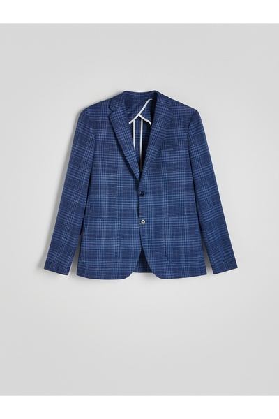 NO BRAND Sacou slim fit din viscoză, în carouri albastre, cu un singur rând d...