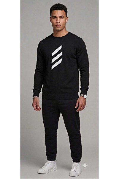 YK WEAR طقم بدلة رياضية فاخرة بثلاثة خطوط مطبوعة وياقة دائرية من UNİSEX