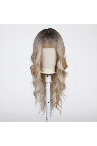 NO BRAND Perucă de damă lungă, blondă ombre, crețată, cu breton