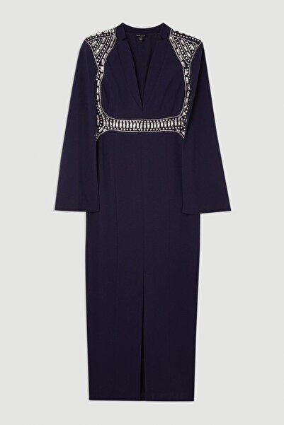 NO BRAND Rochie de cocktail cu capă, bleumarin, decorațiuni cu zirconiu, Kare...