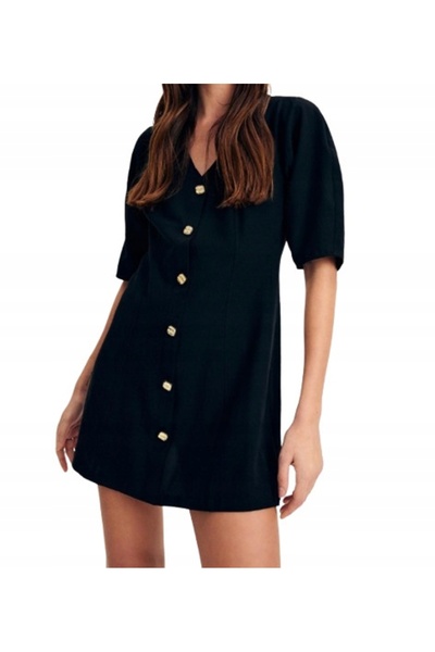 NO BRAND Rochie neagră mini, cu nasturi decorativi, mânecă scurtă, decolteu î...