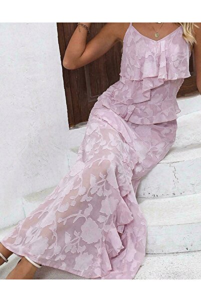 NO BRAND Rochie clasică roz, cu imprimeu floral, cu bretele, texturată, SHEIN...