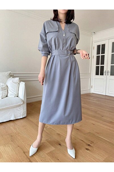 NO BRAND Rochie gri, lungime la jumătatea gambei, culoare uni, cu buzunare, m...