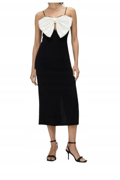 NO BRAND Rochie de cocktail simplă neagră Midaxi, cu detaliu fundă albă 3D, R...