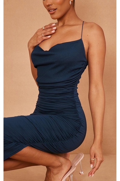 NO BRAND Prettylittlething rochie drapată cu dungi fine bleumarin 38
