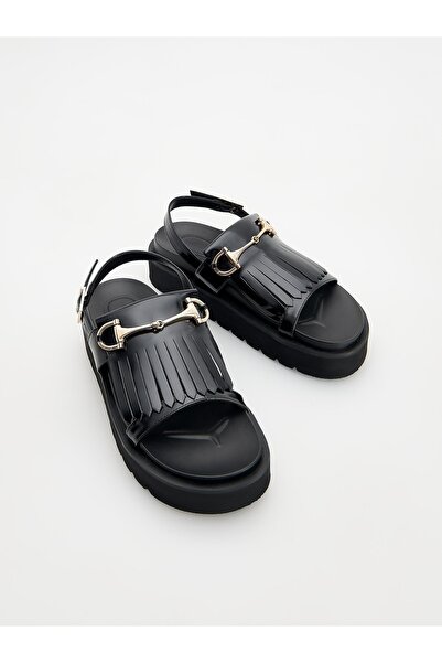 NO BRAND Sandale negre clasice simple, din piele ecologică, cu platformă și î...