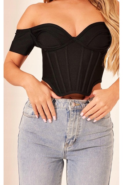 NO BRAND Top corset negru, fără umeri, neted, mulat, Prettylittlething 44