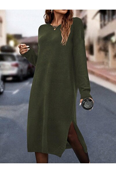 NO BRAND Rochie tricotată verde închis oversize simplă cu șliț midaxi Shein S