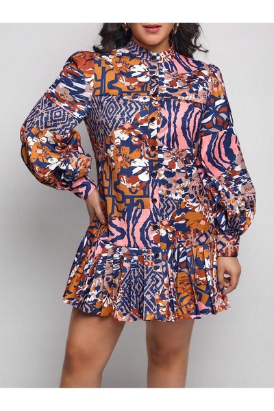 NO BRAND Rochie mini evazată cu imprimeu, cu mâneci lungi bufante cu volane, ...