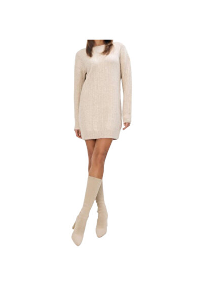 NO BRAND Rochie mini tip pulover bej, tricotată, decorată cu strasuri, oversi...