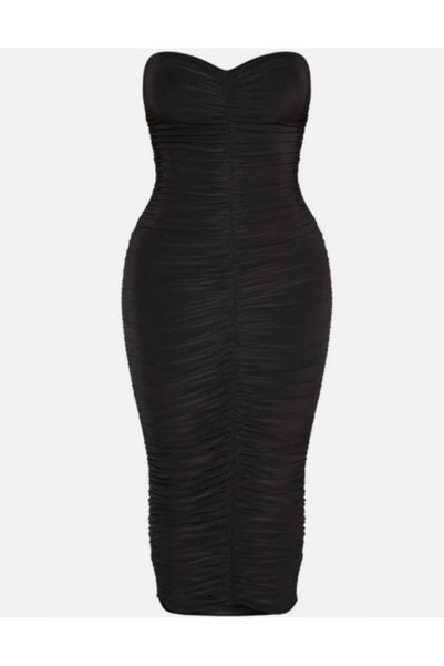 NO BRAND Rochie neagră drapată midi cu umerii goi Prettylittlething 40