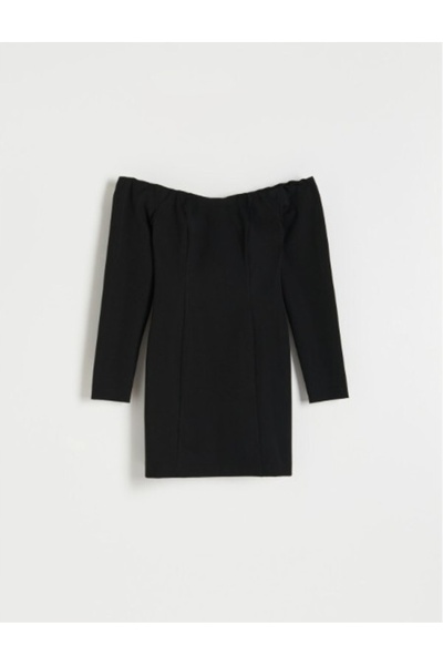 NO BRAND Rochie mini clasică neagră, cu umerii goi, mânecă lungă, Reserve L