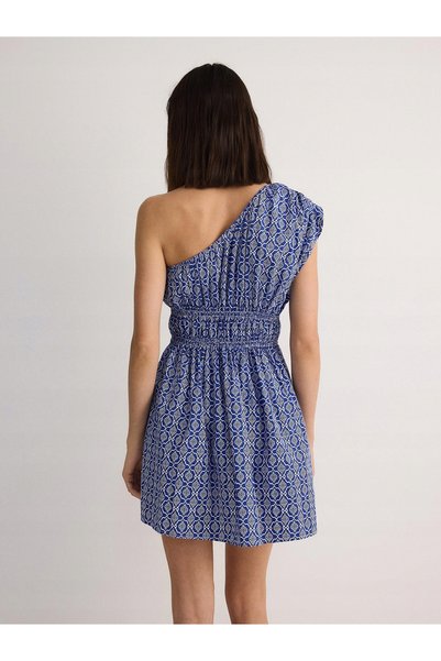NO BRAND Rochie mini albastră, pe un umăr, cu imprimeu, clasică, evazată, măr...