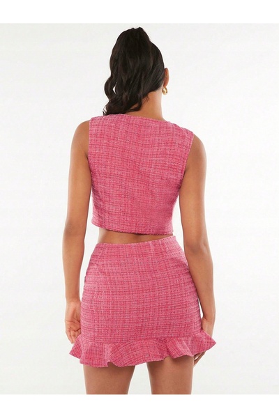 NO BRAND Set din tweed roz, top scurt cu nasturi aurii, fustă mini, Shein 36