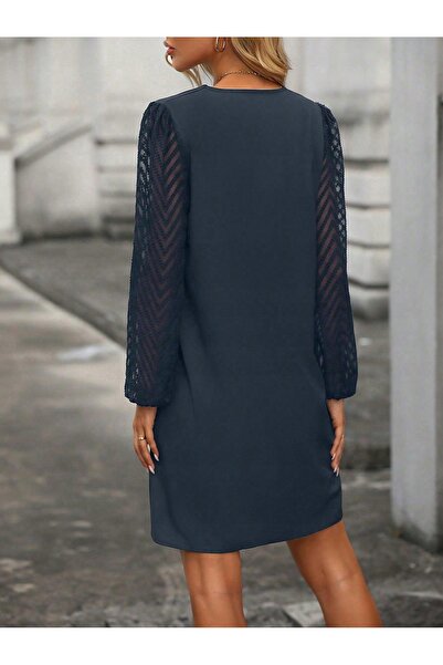 NO BRAND Rochie bleumarin, decolteu în V, mâneci bufante, model spic, croială...