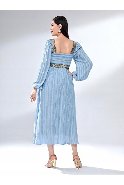 NO BRAND Rochie albastră Midaxi, elegantă de cocktail, cu mânecă lungă, textu...
