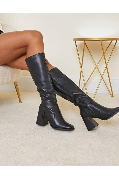 NO BRAND Cizme clasice negre cu toc din piele ecologică Prettylittlething 39