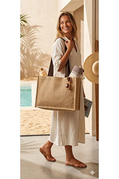 ALFA AKSESUAR 03 Women's Straw Beach Bag - Jute Fabric in Raw Color with Soft...