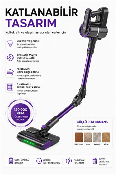 ROBO Katlanır Şarjlı Dikey Süpürge Islak Mop Başlıklı Mor