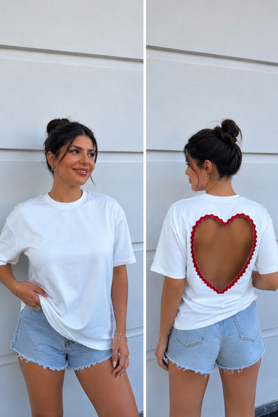 FH Living Sırt Dekolteli Kalp Detaylı Basic Oversize Tişört