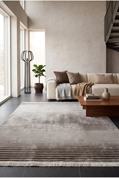Pastel Modern Dokulu Çizgili Desenli Vizon Renginde Halı Oturma Odası Salon Y...