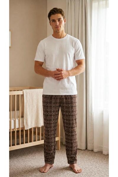 Sude HOMEWEAR Men's Brown Plaid Patterned Bottom Pajamas