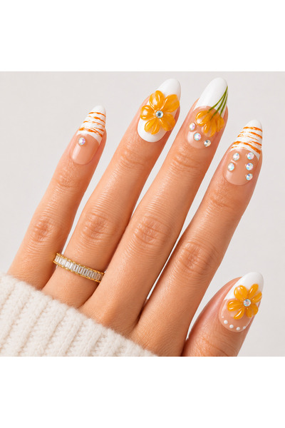 Takma Takma Takma Tırnak Nail Art Sarı XS Beden Kısa Badem 15'li El Yapımı Je...