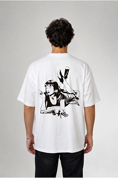 cesita Pulp Fiction Printed Oversize Cotton White T-Shirt