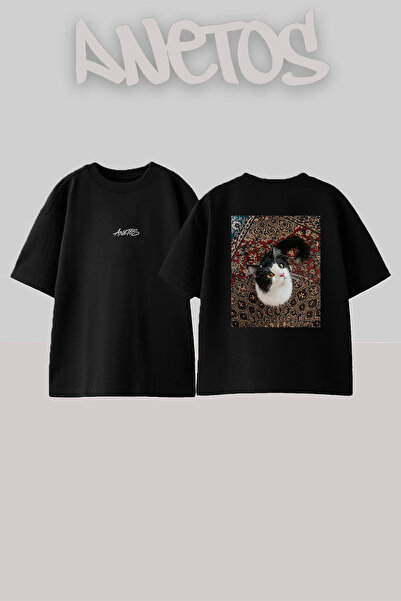 Anetos Tuxedo Cat Design Back Printed Cotton Black Oversize T-Shirt