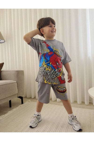 GREYFURTKİDS Spider-Man Printed Cotton Shorts Men's Set