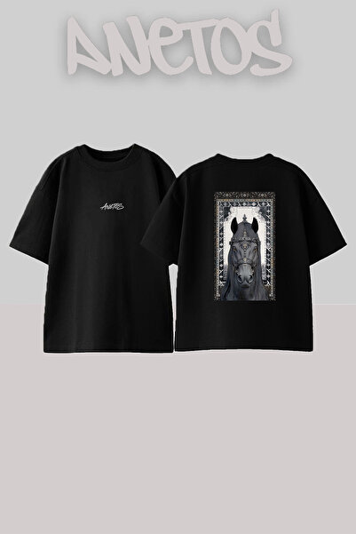 Anetos Armored Horse Design Back Printed Cotton Black Oversize T-Shirt