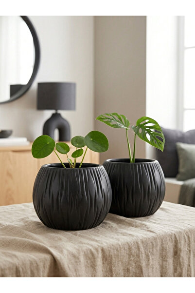 Stone Calm El Yapımı Dekoratif Seramik Görünümlü Saksı – Çizgi Kabartmalı | Minimalist İç Mekan Saksısı | Salon Balkon Ofis | Çiçeklik Ev Dekoru