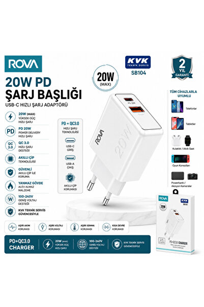 ROVA SB104 20W PD + QC 3.0 USB-C Hızlı Şarj Adaptörü | iPhone 8, SE 2020/2022...