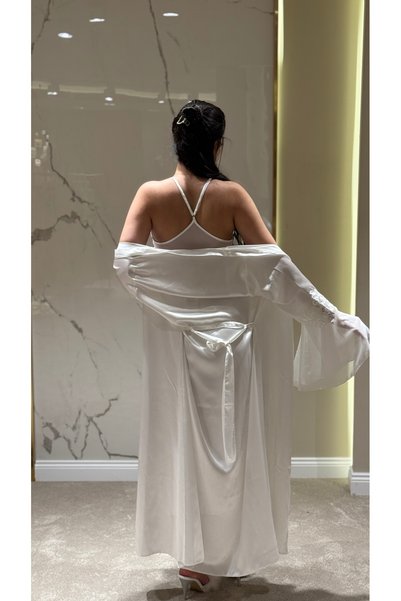 DAWN LİNE 2 Piece Cross Strap Satin Nightgown Dressing Gown Set Floral Lace Slit Dowry Dress Backless Set Flounce Sleeve
