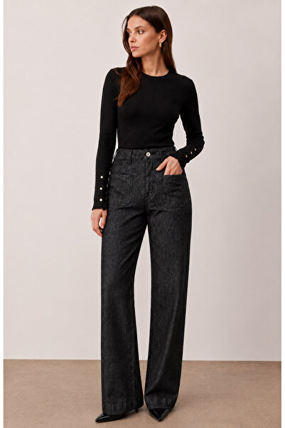 in MOOD Siyah Yüksek Bel Cep Detaylı Wide Leg Jeans Pantolon