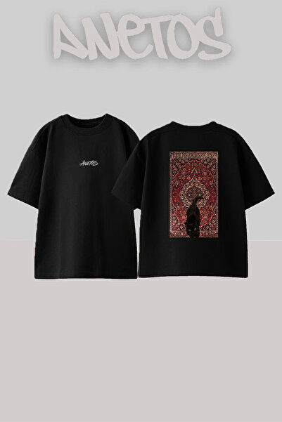 Anetos Black Cat Design Back Printed Cotton Black Oversize T-Shirt