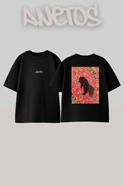Anetos Black Cat Design Back Printed Cotton Black Oversize T-Shirt