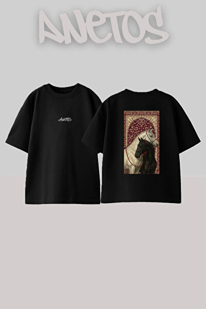Anetos Horses Persian Carpet Design Back Printed Cotton Black Oversize T-Shirt