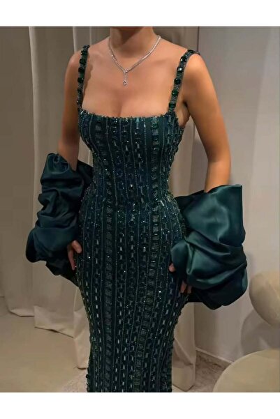 FASHION فستان سهرة زمردي فخم بشك شك كامل وسترة أكمام منفصلة من الساتان بقصة م...