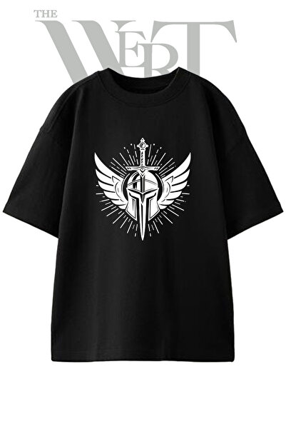 THEWERT Tricou oversize negru unisex cu imprimeu Spartan Helmet Sword Design