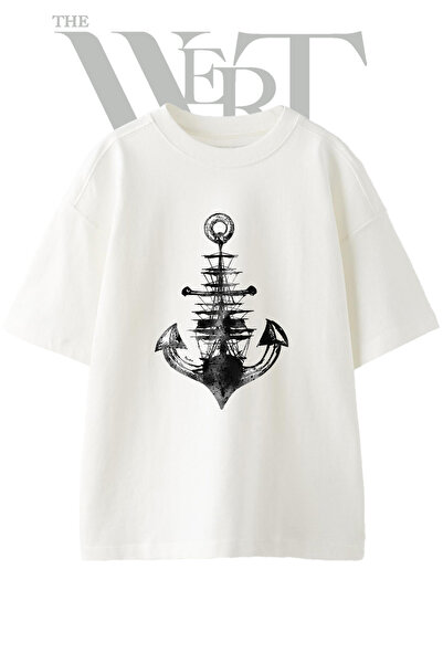 THEWERT Anchor Ship Design Printed Unisex White Oversize T-Shirt