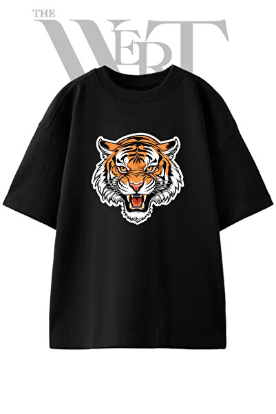 THEWERT Tricou oversize negru unisex cu imprimeu cu cap de tigru