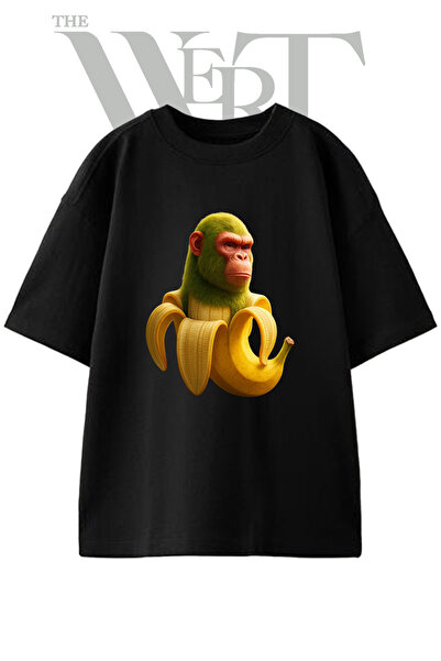 THEWERT تي شيرت أسود كبير الحجم مطبوع بتصميم Green Monkey Banana للجنسين