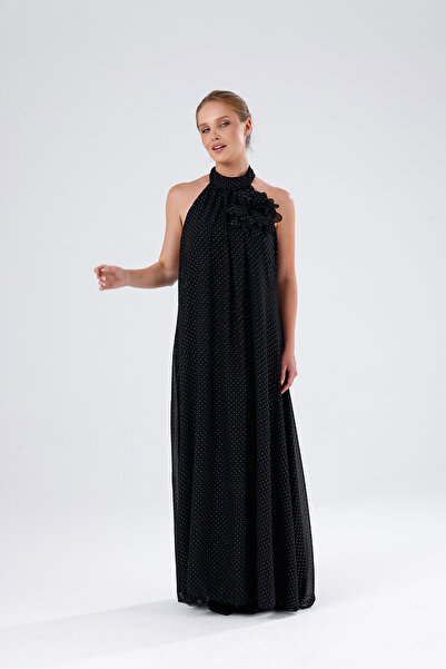 Sense Backless Zippered Elastic Chiffon Dress with Floral Accessories |   Elb...