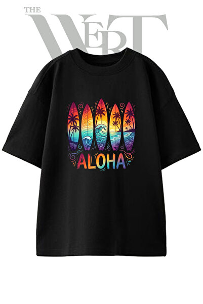 THEWERT Aloha dizajn daske za surfovanje, unisex crna majica prevelikog kroja